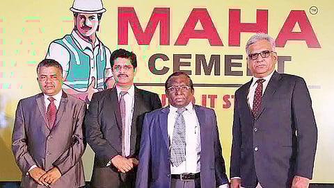 (L-R) R Sivaramakrishnan, SGM-Mktg, P J Mathai, SVP-Mktg, S Sambasiva Rao, ED and K Vijayavardhan Rao, President-Mktg with new Maha Cement logo | Express