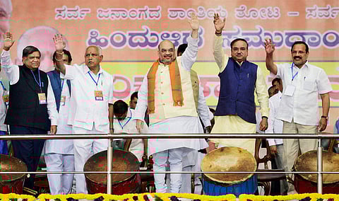 BJP National President Amit Shah, along with Union Ministers Ananth Kumar and Sadananda Gowda Karnataka BJP President B S Yeddyurappa and former Karnataka CM Jagadish Shettar in Bengaluru. | PTI