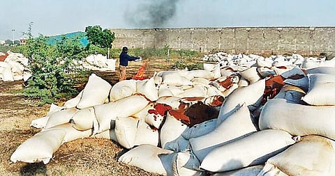 Food and Safety officials inspect chilli powder bags that were discarded by unknown persons in Guntur on Saturday | Express
