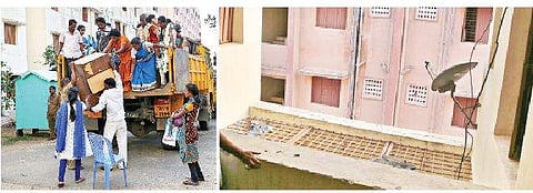 People shifting to the TNSCB settlement in Perumbakkam;  (R) open space through which Nathiya fell; and (L) grill through which Sruthi fell | Sunish P Surendran