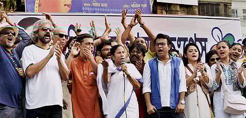 West Bengal Chief Minister Mamata Banerjee addresses during a rally against demonetization in Kolkata on Monday. | PTI