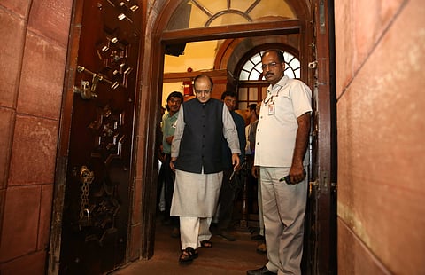 Union Finance minister Arun Jaitley after passage of the GST bill pass in parliament house in New Delhi on Wednesday (Shekhar Yadav | EPS)