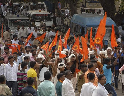 Members of Raja Veera Madakari Nayaka Gourava Samrakshana Vedike  holding a protest against the government’s plans to organise Tipu Jayanti, in Chitradurga on Thursday. Women protesters were seen hold