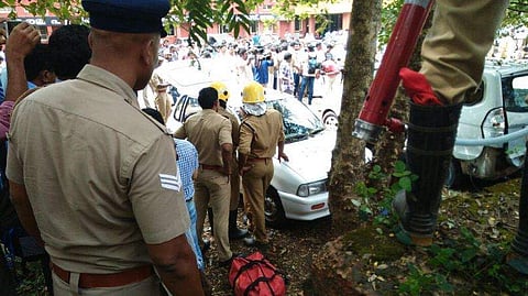An LPG cylinder kept in the boot of a car exploded near the first class magistrate court at Tuesday noon. | Express Photo Service