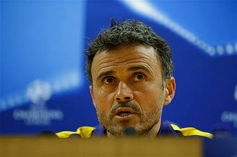 Barcelona's head coach Luis Enrique speaks during a press conference before a training session at Arsenal's Emirates Stadium in London. |AP