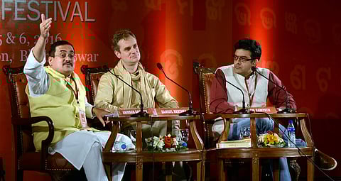 (From left) Anirban Ganguly, Samuel Berthet and Vikram Sampath during the session at OLF-2016 in Bhubaneswar on Sunday | Express