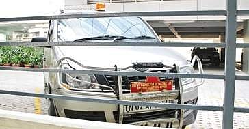 An I-T department vehicle parked on the JSR Infra’s premises | ASHWIN PRASATH