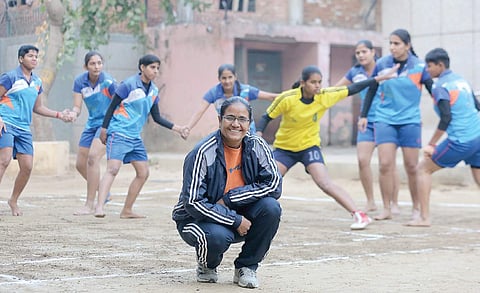 Neelam Sahu and her players during a practice session|Shekhar Yadav