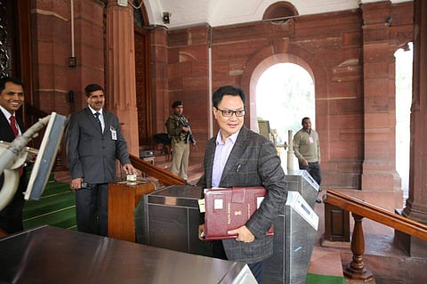 MOS Home Kiren Rijiju arrives at Parliament house in New Delhi on Wednesday.  | (Shekhar Yadav/EPS)