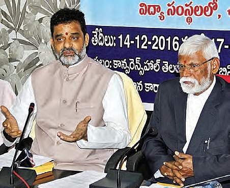 BC commission members V Krishna Mohan and BS Ramulu at a press meet on Wednesday| express