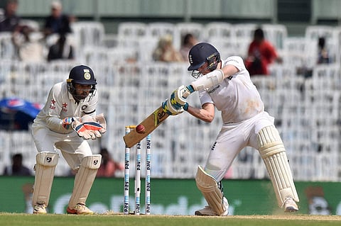 England's debutante Liam Dawson plays a shot during the second day of the fifth and final cricket test match against India at MAC Stadium in Chennai on Saturday. | PTI