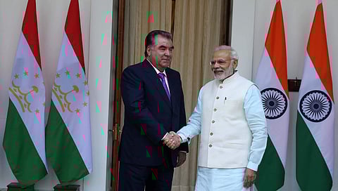 Prime Minister Narendra Modi shakes hand with Tajikistan President Emomalih Rahmon before their meeting in New Delhi on Saturday. (Shekhar Yadav | EPS)