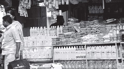 Riding high on sales, shops in front of Kottayam  railway station have stashed up coconut oil of different brands