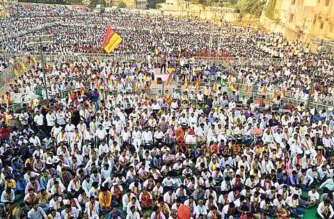 Members of Telangana Mudiraj Sangham participating at the Mudiraj Simha Garjana at Nizam College Grounds in Hyderabad on Sunday. | Express photo