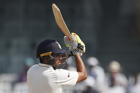 Karun Nair plays shot during their fourth day of the fifth cricket test match against England in Chennai. (Photo | AP)