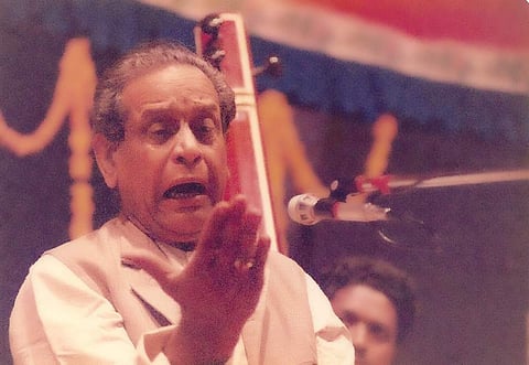 Bhimsen Joshi performing; (below) Raghavendra with his parents Bhimsen and Sunanda during his thread ceremony in 1955 in Belgaum, Karnataka