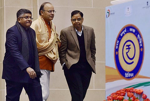Union Minister for Finance and Corporate Affairs Arun Jaitley with Minister for Electronics Information Technology and Law Justice Ravi Shankar Prasad and Vice Chairman NITI Aayog Arvind Panagariya at the launching ceremony of the DigiDhan Mela. | PTI