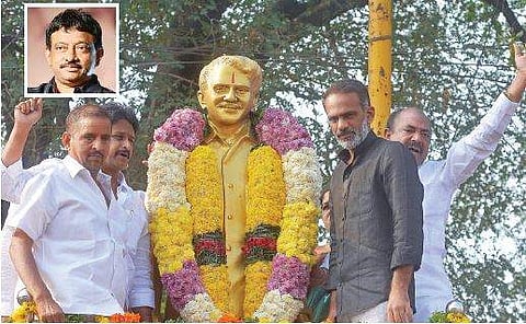 Former MLA and YSRC leader Vangaveeti Radha garlanding the statue of his father Vangaveeti Ranga on the latter’s death anniversary at Raghavaiah Park in Vijayawada on Monday. (Inset) Vangaveeti director Ram Gopal Varma | Express