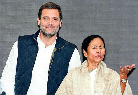 Congress leader Rahul Gandhi with West Bengal CM Mamata Banerjee during a joint presser in New Delhi on Tuesday | (Shekhar Yadav | EPS)