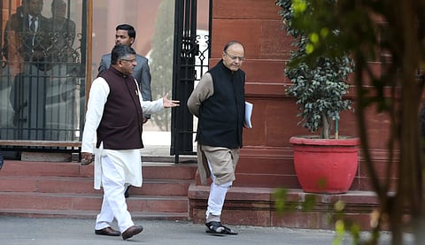 Finance Minister Arun Jaitley & Law Minister Ravi Shankar Prasad after Cabinet meet in New Delhi on Wednesday | (Shekhar Yadav | EPS)