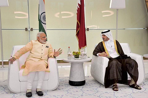 Qatar Prime Minister Abdullah bin Nasser bin Khalifa Al Thani with Modi. (File photo | PTI)