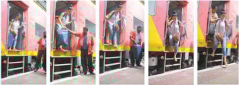 (From left) A woman passenger gauges the distance from the door of a train, hands over a heavy piece of luggage to a porter and gingerly alights on Platform 1 at Cantonment railway station | VINDO KUM
