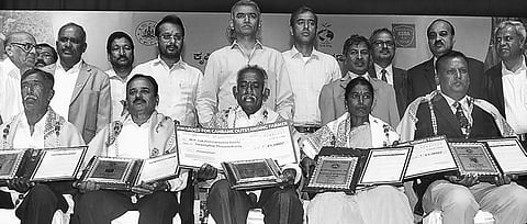 Some of the progressive farmers who were awarded at an event at the University of Agricultural Sciences in Bengaluru on Monday