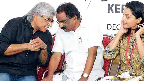 Cultural Affairs Minister A K Balan, Chalachitra Academy chairman Kamal and actor Manju Warrier during  the inaugural function of IFFK delgates’ pass distribution at Tagore Theater in Thiruvananthapur