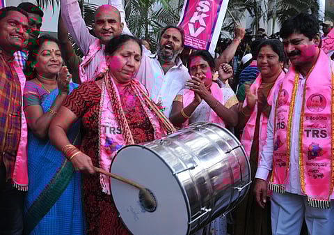 TRS Party workers celebrating the party victory in GHMC election at Telangana Bhavan in Hyderabad on Friday.| Express Photo by A Suresh Kumar.
