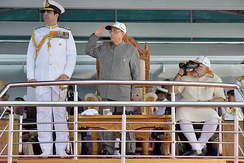Visakhapatnam President Pranab Mukherjee Prime Minister Narendra Modi and Chief of Naval Staff RK Dhowan L at the International Fleet Review and Flypast in Visakhapatnam on Saturday. | PTI