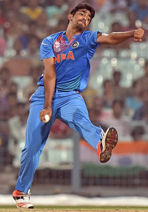 India's bowler Jasprit Bumrah in action during a practice game against West Indies at Eden Garden in Kolkata on Thursday. | PTI