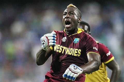 West Indies Andre Russell celebrates after his team's win over India during their ICC World Twenty20 2016 cricket semifinal match at Wankhede stadium in Mumbai, India. |AP