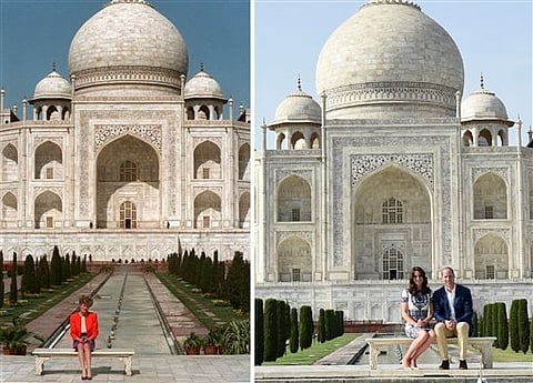 This two-picture combo shows a Feb. 11, 1992 file photo of Princess Diana sitting in front of the Taj Mahal, left, and her son Prince William sitting with his wife Kate, the Duchess of Cambridge, in the same spot, in Agra, India, Saturday, April 16, 2016.