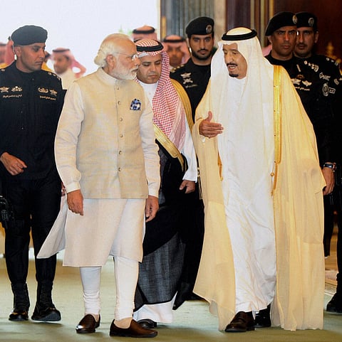 Prime Minister Narendra Modi with Saudi King Salman bin Abdulaziz at the official welcome ceremony at the Royal Court in Riyadh Saudi Arabia on Sunday.