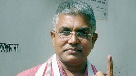West Bengal BJP president and party's candidate from Kharagpur Sadar constituency Dilip Ghosh shows his ink-marked finger after casting vote at West Midnapore district in West Bengal during first phase of State Assembly election on Monday.