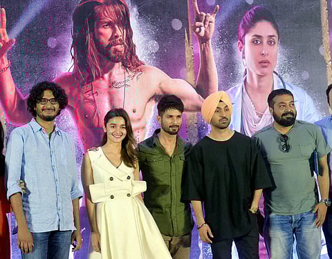 Bollywood actor Sahid Kapoor and Alia Bhatt Diljit Dosanjh with Director Abhishek Chaubey and Anurag Kashyap pose for media during the promotion of Udta Punjab in Mumbai. | PTI
