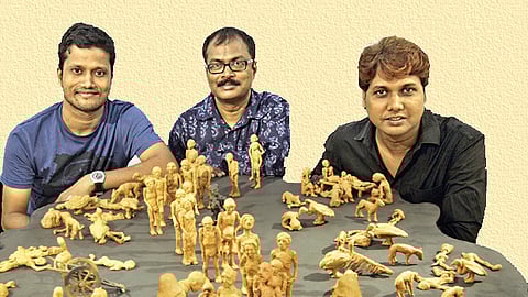From Left: Susanta, Ramakanata and Smrutikanta with their terracotta figurines (Photo|Shamim Qureshy)