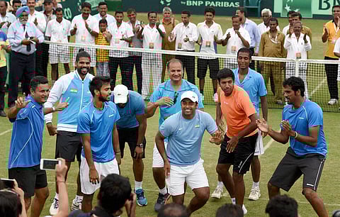 Indian tennis team celebrates after beating Korea by 4-1 in Asia/ Oceania Group I 2nd Round of Davis Cup in Chandigarh. |PTI