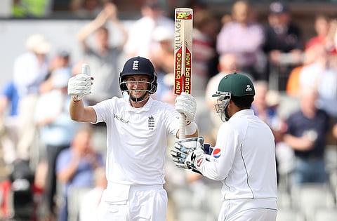 England's Joe Root celebrates his 250 against Pakistan, during day two of the Second Test match between England and Pakistan(Photo|AP)