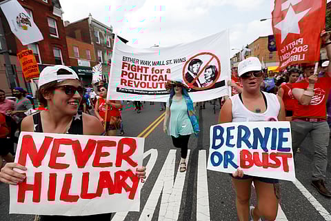 Supporters of Sen. Bernie Sanders, I-Vt., march during a protest in downtown on, Monday, July 25, 2016, in Philadelphia, during the first day of the Democratic National Convention. | AP Photo