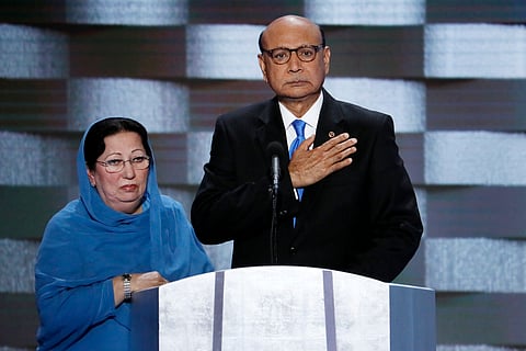 Khizr Khan, father of fallen US Army Capt. Humayun S. M. Khan and his wife Ghazala speak during the final day of the Democratic National Convention in Philadelphia. (AP)
