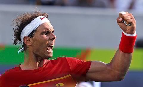 Rafael Nadal, of Spain, pumps his fist after winning a point against Andreas Seppi, of Italy, at the 2016 Summer Olympics in Rio de Janeiro, Brazil, Tuesday, Aug. 9, 2016. | AP