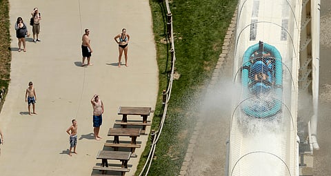  In this July 9, 2014 file photo, riders are propelled by jets of water as they go over a hump while riding a water slide called "Verruckt" at Schlitterbahn Waterpark in Kansas City. (AP)