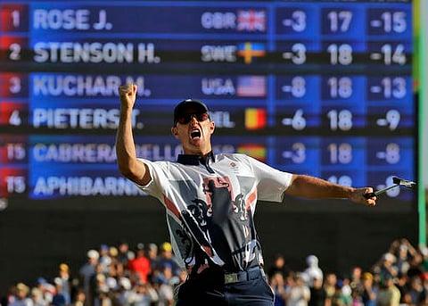 Justin Rose of Great Britain, wins the gold medal during the final round of the men's golf event at the 2016 Summer Olympics in Rio de Janeiro. (AP)