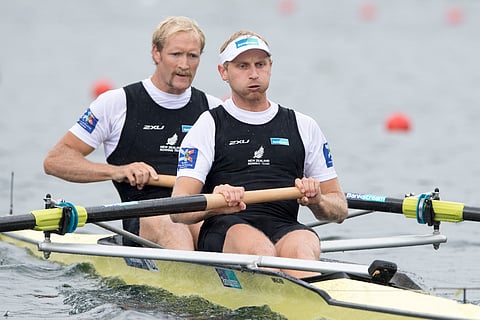 In this May 29, 2016, file photo, Hamish Bond and Eric Murray, from right, from New Zealand, compete at the Men's Pair Final race at the Rowing World Cup on Lake Rotsee in Lucerne, Switzerland. | AP