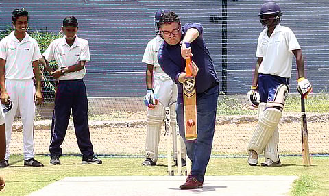 Former Australia cricketer David Boon joins in a training session with trainees from KCA Cash Kerala Academy and KSFC - Tenvic Cricket Academy at Greenfield International Stadium, Thiruvananthapuram on Wednesday.