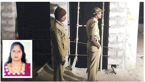 Police inspect the underconstruction apartment where film artiste Padmavathi (inset), a resident of Jakkur, was found dead on Monday night | express