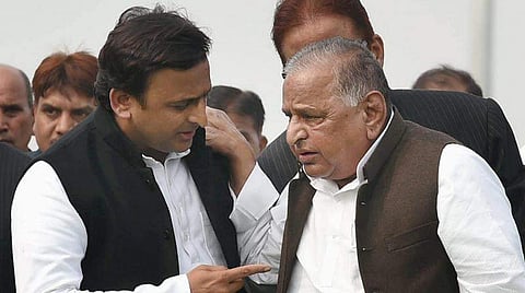 Uttar Pradesh Chief Minister Akhilesh Yadav and Samajwadi Party patron Mulayam Singh Yadav | PTI