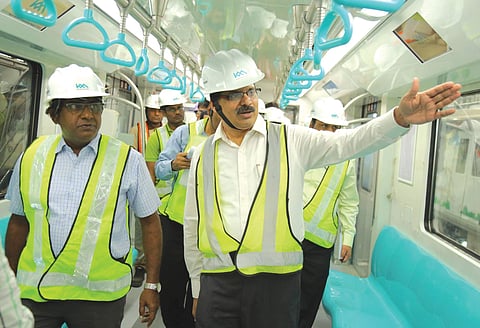 Commissioner of Metro Railway Safety (Bengaluru) K A Manoharan and team carrying out an inspection of the Kochi Metro on Monday | Express