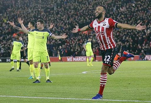 Southampton's Nathan Redmond celebrates after scoring during the English League Cup semifinal first leg soccer match between Southampton and Liverpool. | AP